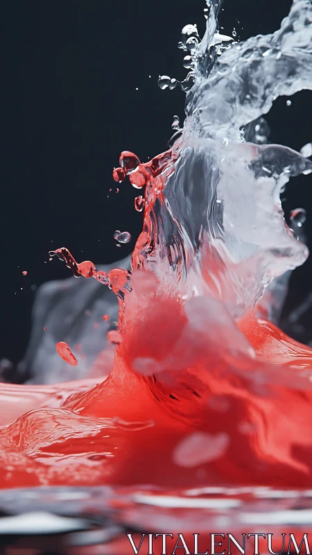 Red and clear liquid splash captured in sharp motion.
