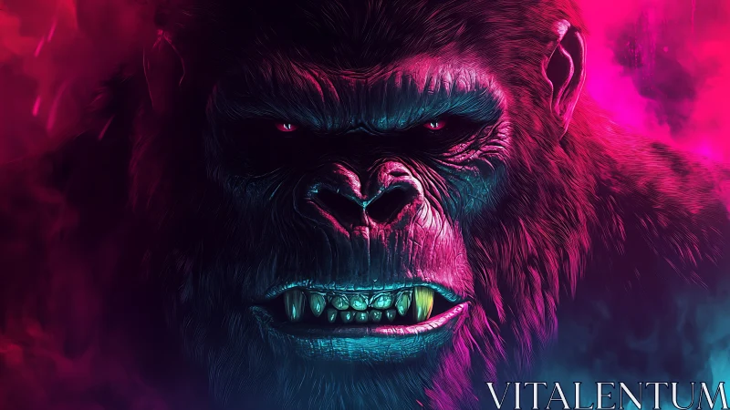 Neon-lit gorilla portrait with intense glowing gaze.