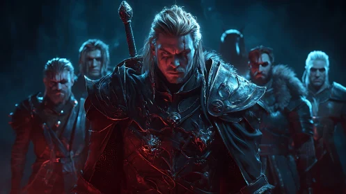 Battle-hardened warrior leaders in dramatic red blue rim light.
