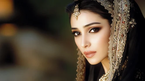 Regal portrait of woman in jeweled traditional veil.