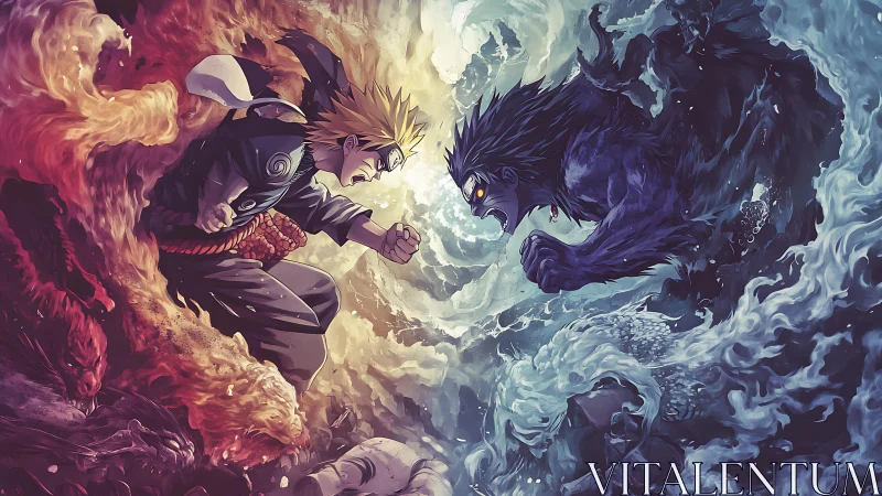 Fiery ninja and blue beast clash in swirling elemental storm.
