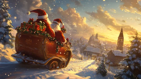 Santa sleigh duo descending snowy village hill at sunset