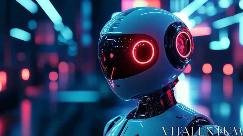 Neon-eyed robot dreamer wandering a midnight data corridor.