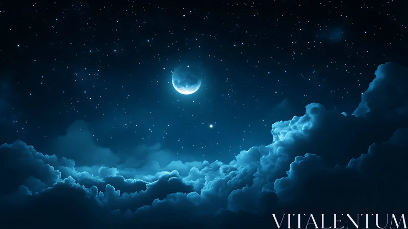 Crescent moon over glowing night clouds and starscape.