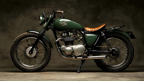 Vintage green scrambler motorcycle in studio side profile