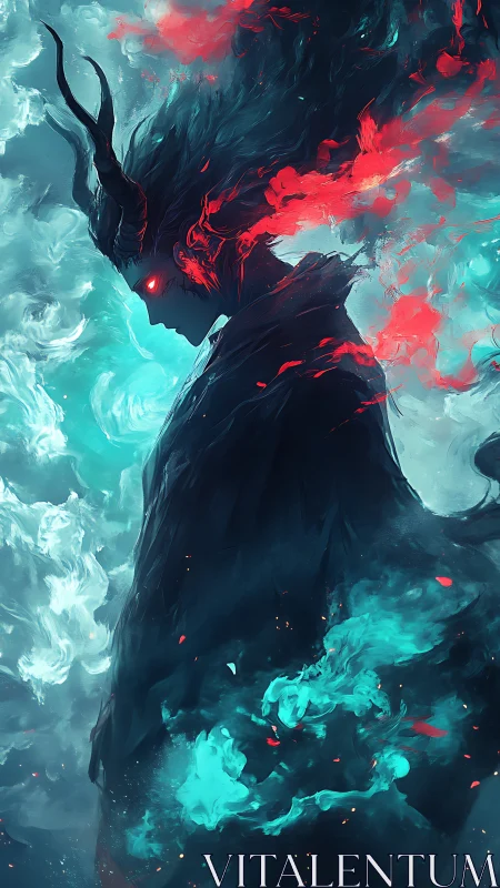 Stormlit horned guardian wrapped in ember and misted teal.