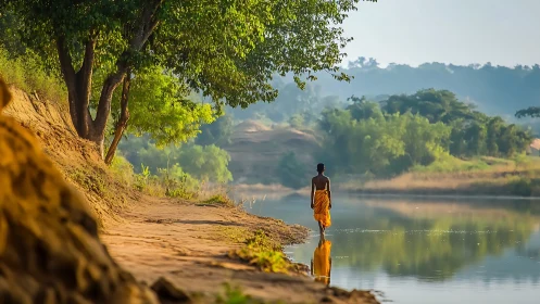 Solitary monk walking riverbank under lush green canopy.