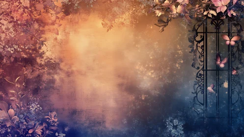 Floral gate and butterflies in soft fantasy light background.