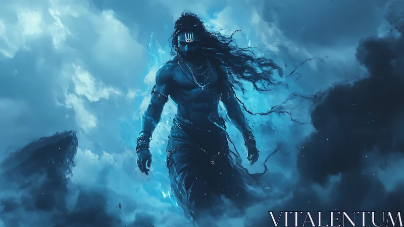 Storm-clad warrior strides through blue celestial clouds