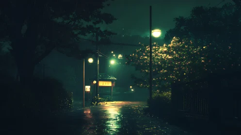 Rain-soaked street under glowing lamps at quiet night.