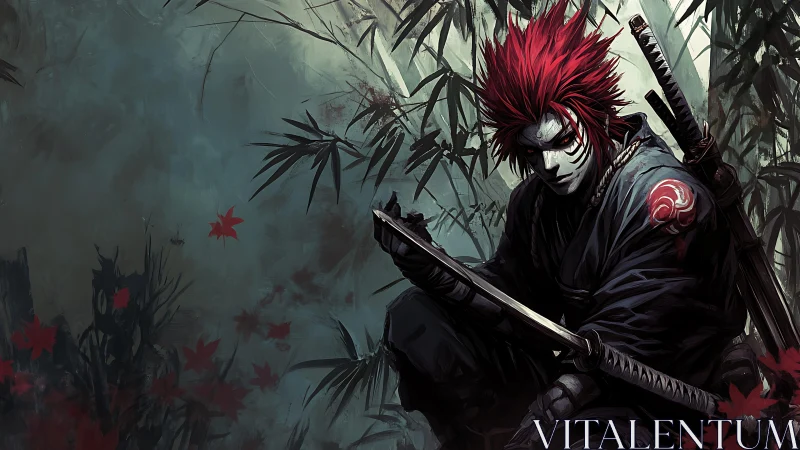 Scarlet-haired forest ronin crouches among whispering bamboo.