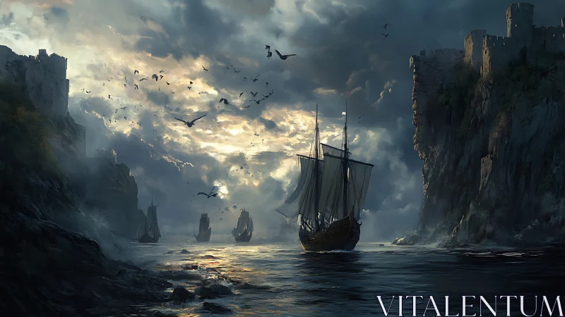 Storm-lit galleon enters shadowed fortress strait at dusk.