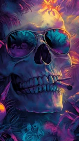 Neon tropical skull in sunglasses radiates eerie nightlife glow