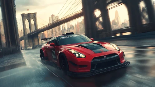 Red GT-R race car powers through wet Brooklyn bridge streets.