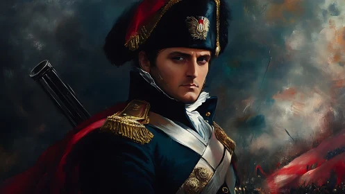 Napoleonic officer gazes over stormy battlefield in uniform.