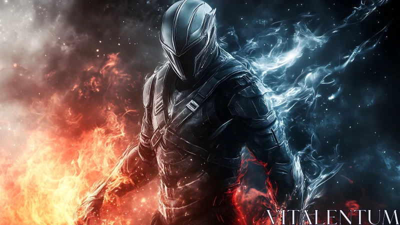 Bifurcated elemental cyber-knight in thermodynamic armor field.