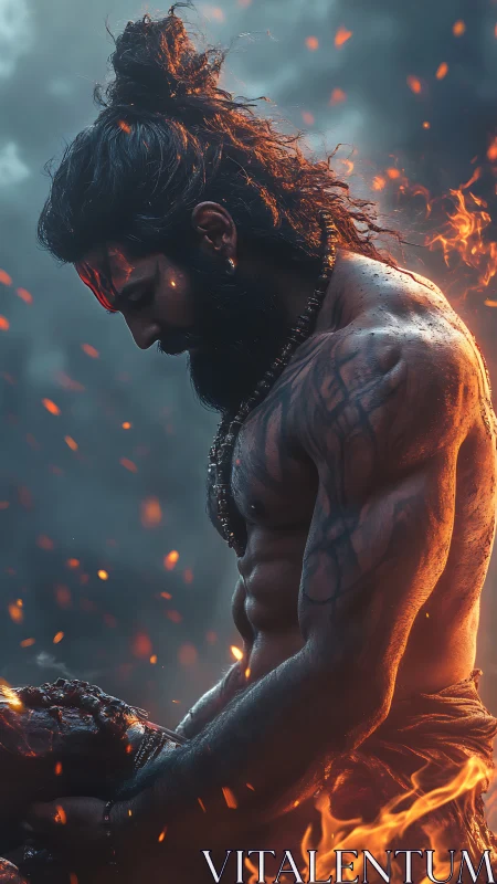 Embers crown a warrior saint lost in silent inner thunder