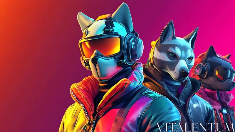 Futuristic cyberpunk wolf characters in neon outfits.