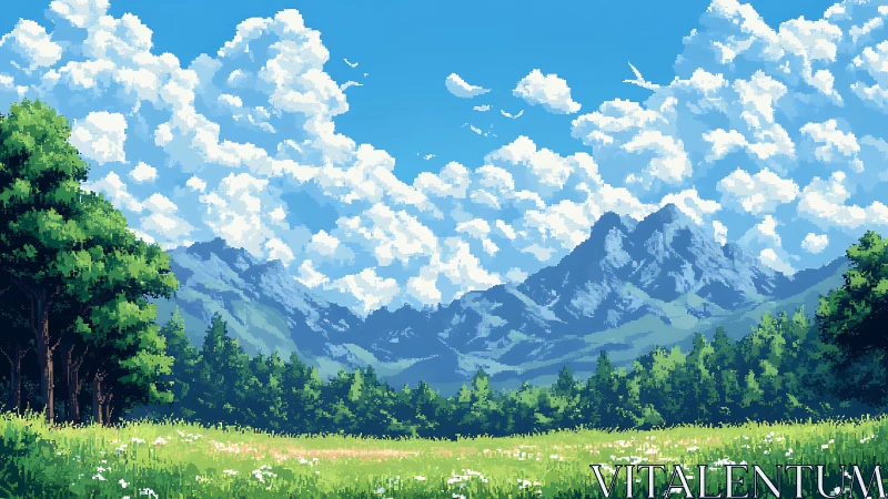 Pixel mountain landscape under bright summer sky.