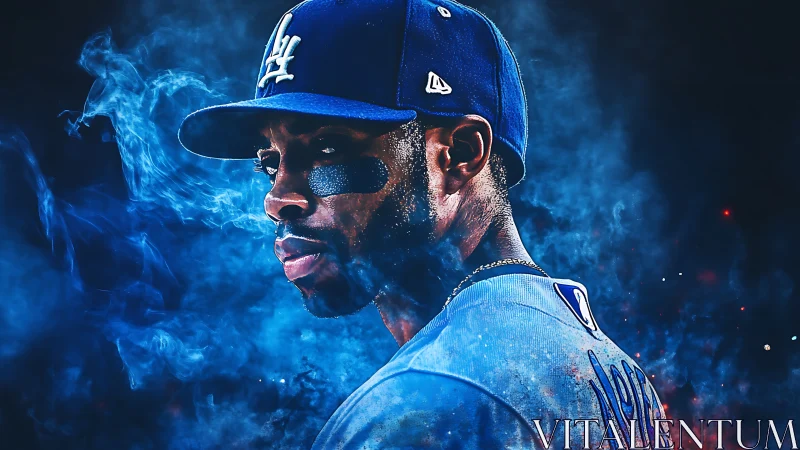 Electric blue ballplayer ignites a storm of stadium smoke.