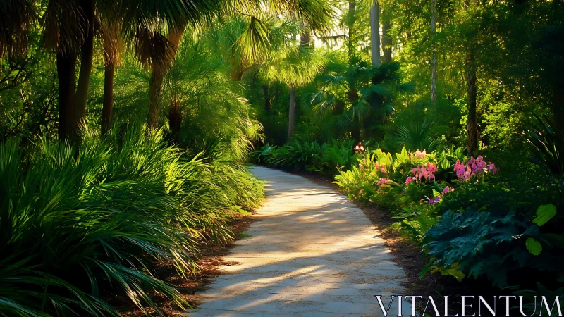 Sunlit garden pathway bordered by dense green foliage.