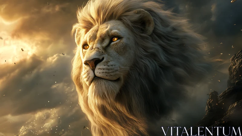 Majestic white lion portrait in dramatic storm light.