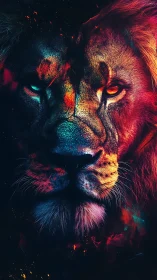 Vivid neon lion portrait with intense dual colored eyes.