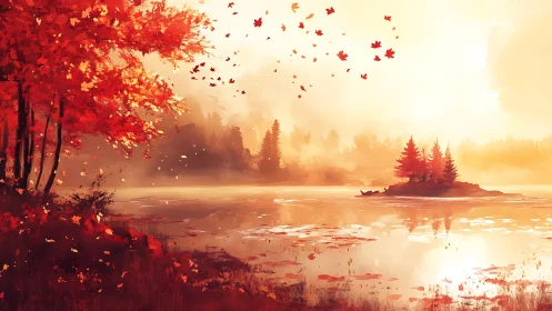 Autumn lake landscape with red trees and floating leaves.