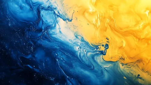 Blue and yellow fluid abstract painting with swirling motion.