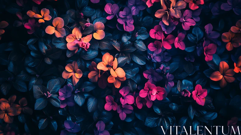 Chromatic nocturne of neon-lit florals in dense foliage.