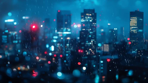 Rainy neon city skyline glows through blurred wet window