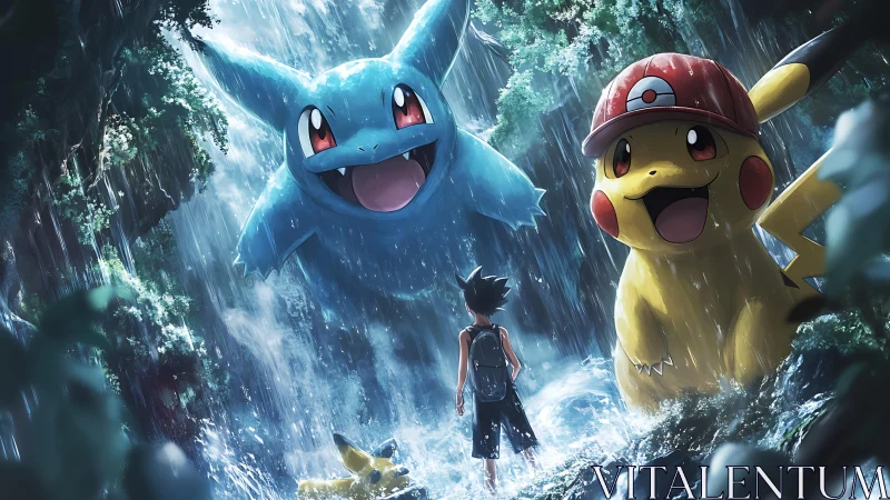 Stormlit jungle summons giant playful creatures above trainer.