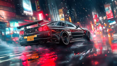 Neon-soaked street racer under futuristic city rainstorm.