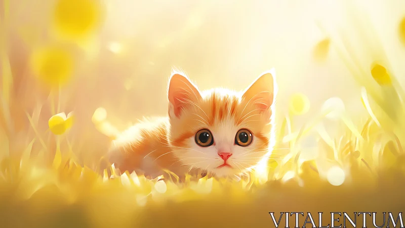 Orange kitten lying in soft golden grass at sunrise.
