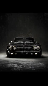 Classic muscle car stands in dramatic low-key studio lighting.