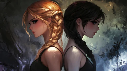 Two determined girls stand back to back in a moody forest glow