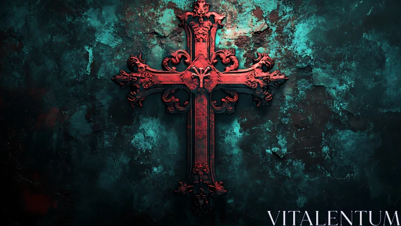 Ornate red cross glowing gently on weathered teal stone.