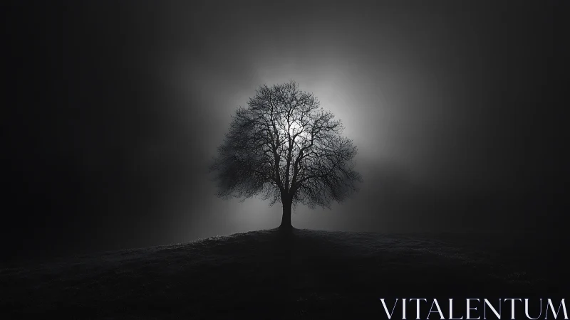 Solitary hilltop tree silhouetted by radiant backlight.