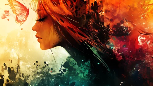 Digital painting profile portrait with abstract chromatic field.