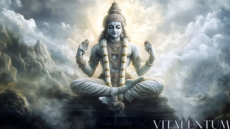 Divine meditative deity in luminous Himalayan cloudscape vision