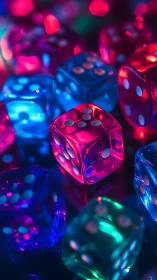 Glowing rainbow dice sparkle in a cozy neon tabletop scene.