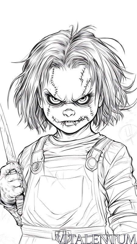 Sinister stitched doll glares forward holding a knife.