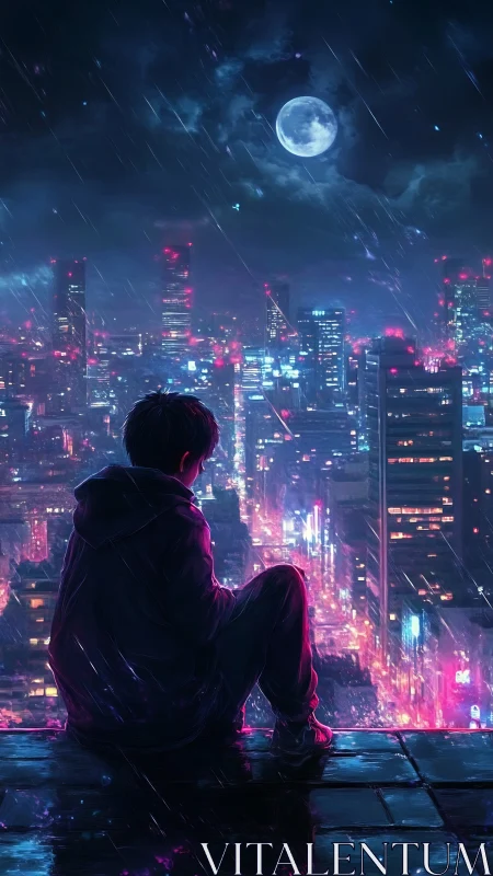 Solitary figure observes illuminated cityscape in nocturnal rain