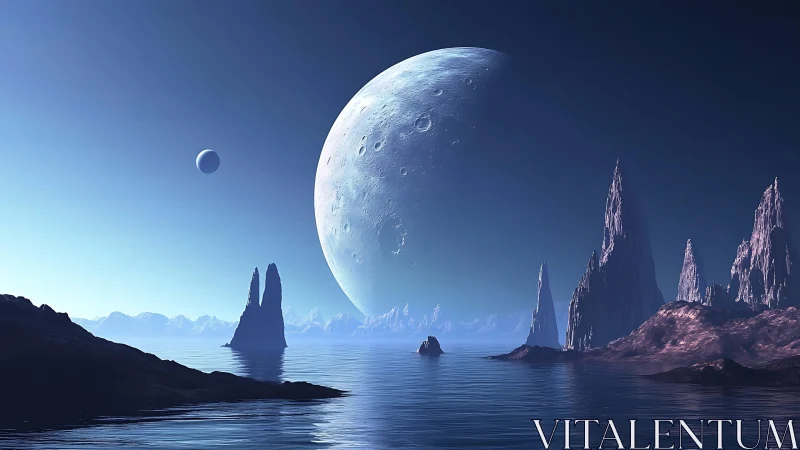 Alien seascape shows large cratered moon over jagged spires