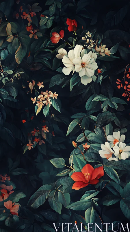 Dark Garden: White Blooms and Red Florals Against Deep Shadows.