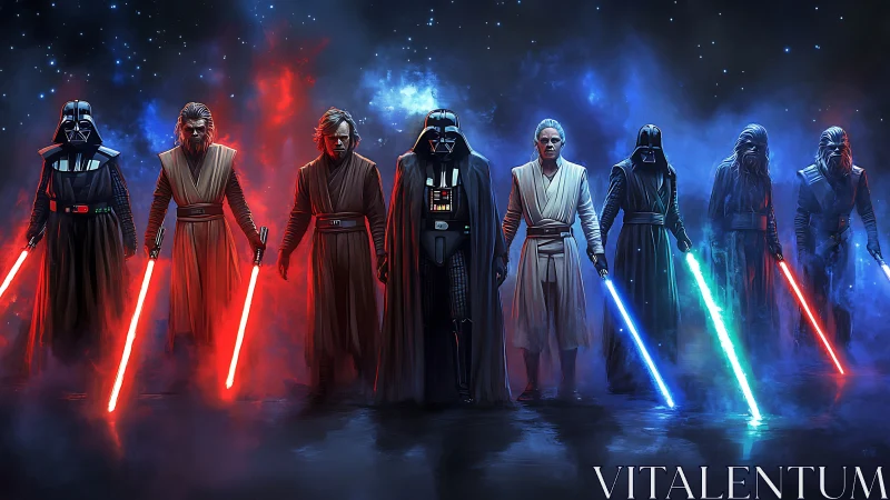 Jedi and Sith warriors clash under neon-lit cosmic sky.