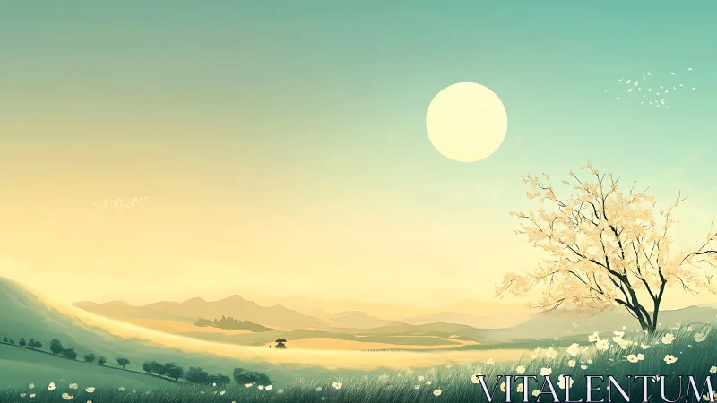 Serene spring valley under pale sun and blossom tree.