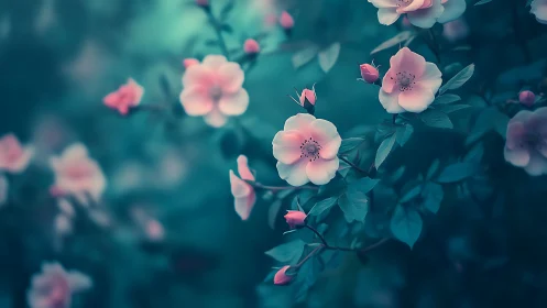 Pink blooms against teal foliage in soft focus garden.