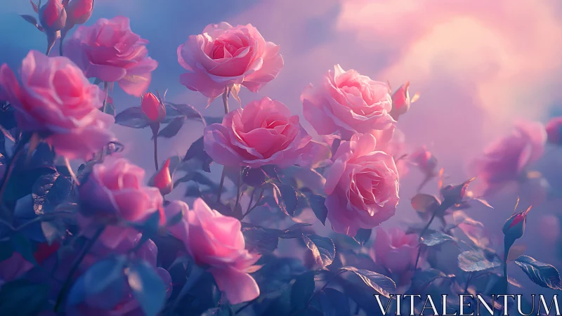 Pink roses with blue-toned sky and atmospheric lighting conditions.