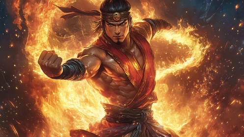 Blazing martial hero coiling fire into a furious comet strike.